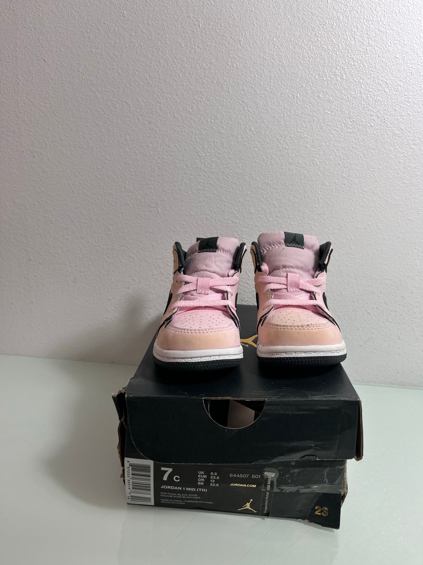 Jordan 1 Mid "Pink Foam/Black-White" (TD) Toddler's 7c-644507 601